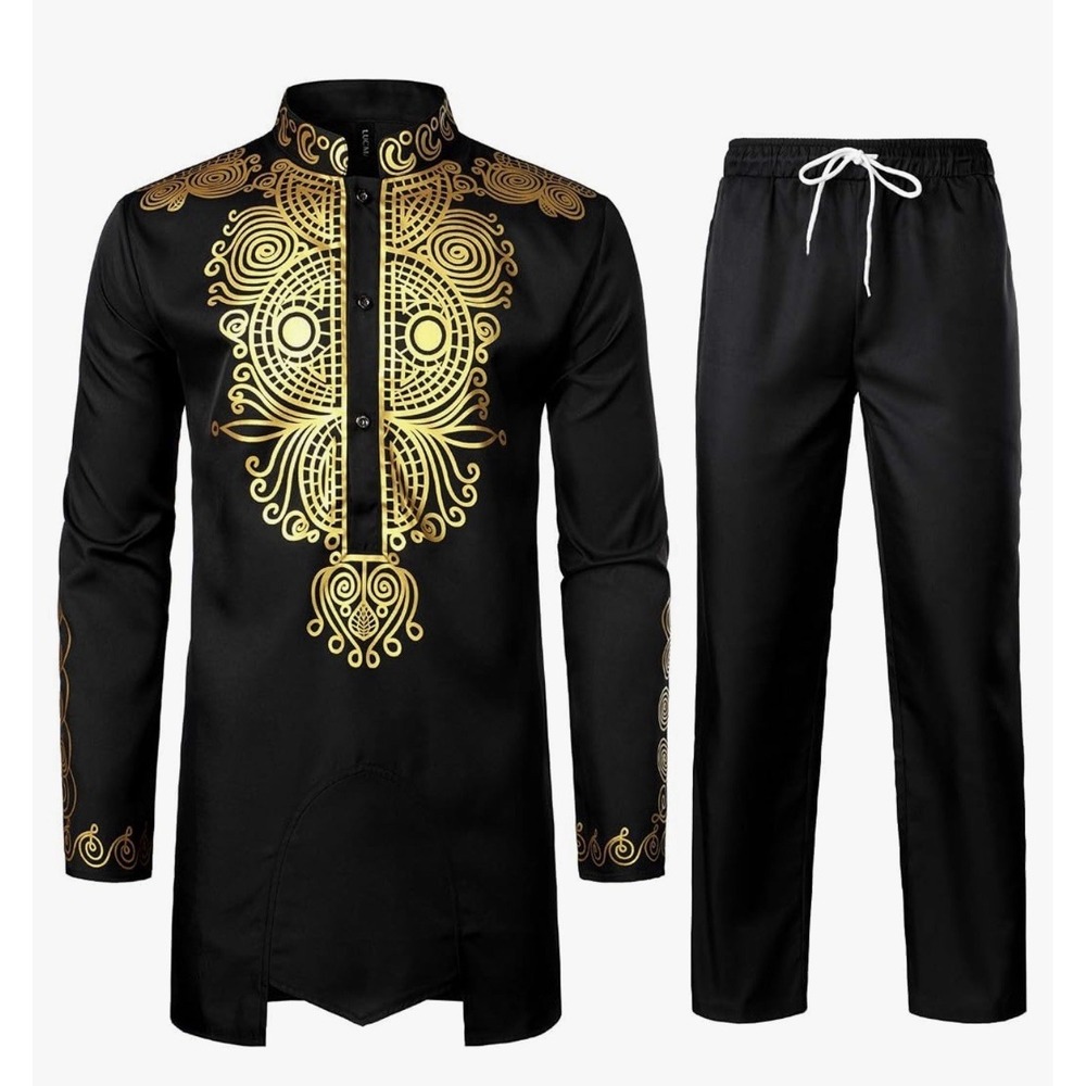 NWT Luc Matton African Attire Dashiki 2 Piece Black Gold Foil Outfit Size Medium